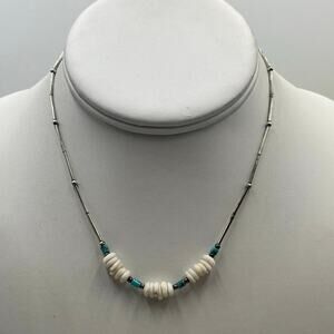 Vintage Southwestern Sterling Silver Turquoise and Shell‎ Beaded Choker Necklace